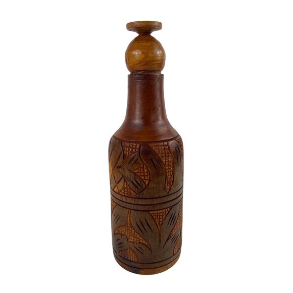 unmarked Other - Handcrafted Carved Wooden 3 Piece Bottle Holder Lid Cup